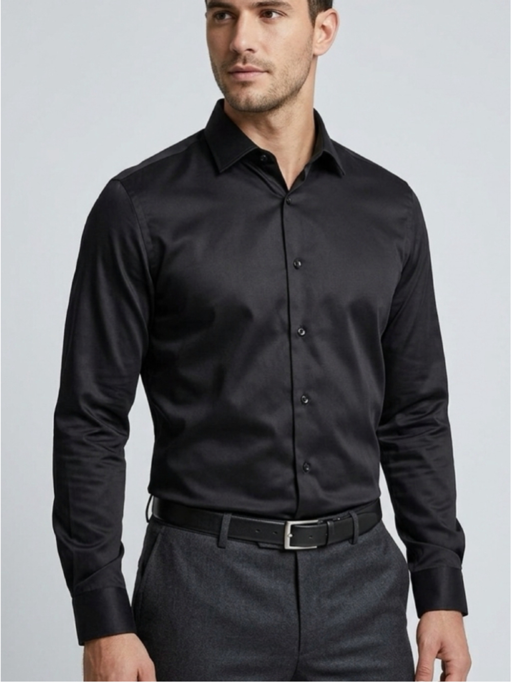 Men's L Black Long-Sleeve Dress Shirt - Modern Point Collar business Travel 1244